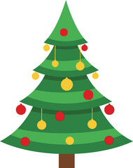 Obraz premium Christmas tree decorated with red and yellow ornaments standing on a brown trunk featuring red ornaments, green, holiday