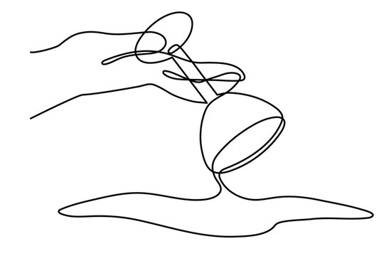 Hand pours alcohol from a glass one line art, hand drawn Dry January non-alcoholic healthy month continuous drawing contour. Stop drinking abstinence concept. Editable stroke. Isolated. Vector