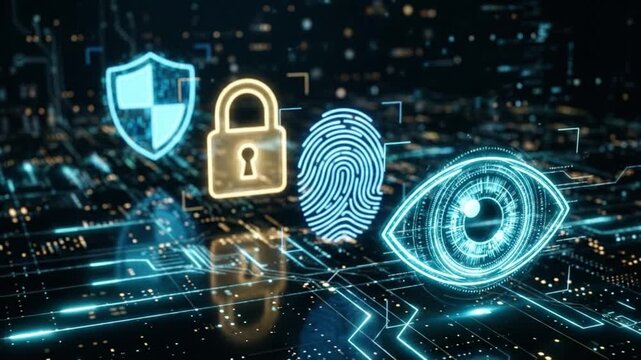 Digital security shield lock fingerprint eye icons glowing over circuit board representing biometric authentication data protection cybersecurity technology network futuristic interface