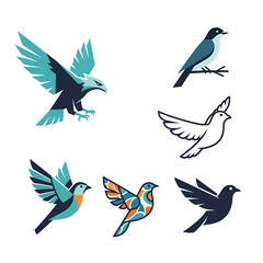 Fototapeta premium Collection of stylized bird illustrations, eagle, dove, and small birds in flight and perched
