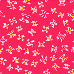 Obraz premium Line Decree, paper, parchment, scroll icon icon isolated seamless pattern on red background. Chinese scroll. Vector