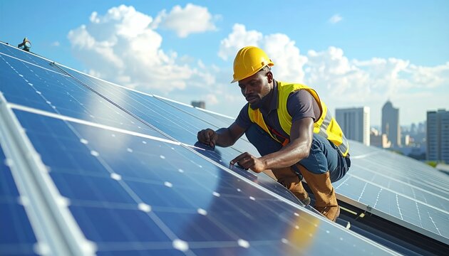 Focused worker installing solar panels on a rooftop, contributing to sustainable energy and a greener future.