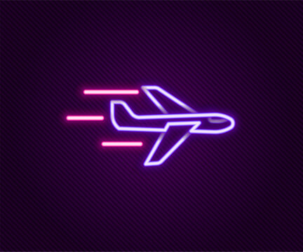 Glowing neon line Plane icon isolated on black background. Flying airplane icon. Airliner sign. Colorful outline concept. Vector
