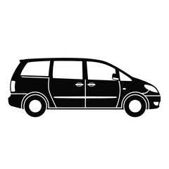 Fototapeta premium A black silhouette of a minivan is shown in profile against a white background.