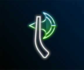 Obraz premium Glowing neon line Wooden axe icon isolated on black background. Lumberjack axe. Happy Halloween party. Colorful outline concept. Vector