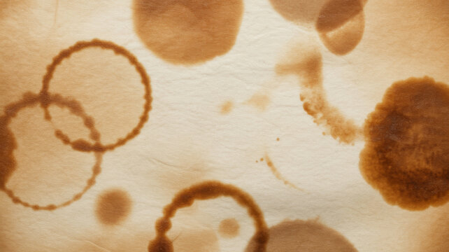 Sepia textured paper background with coffee cup rings, liquid stains and organic splashes, abstract vintage surface for packaging, print or scrapbook design