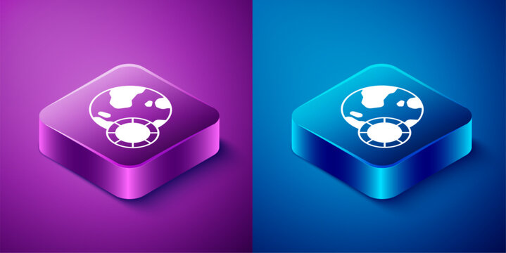 Isometric Casino chips icon isolated on blue and purple background. Casino gambling. Square button. Vector