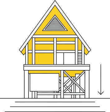 A yellow and white drawing of a house with a triangular roof