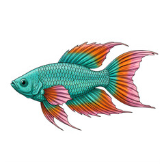 Fototapeta premium Colorful turquoise betta fish with pink and orange fins swimming isolated on white background transparent background