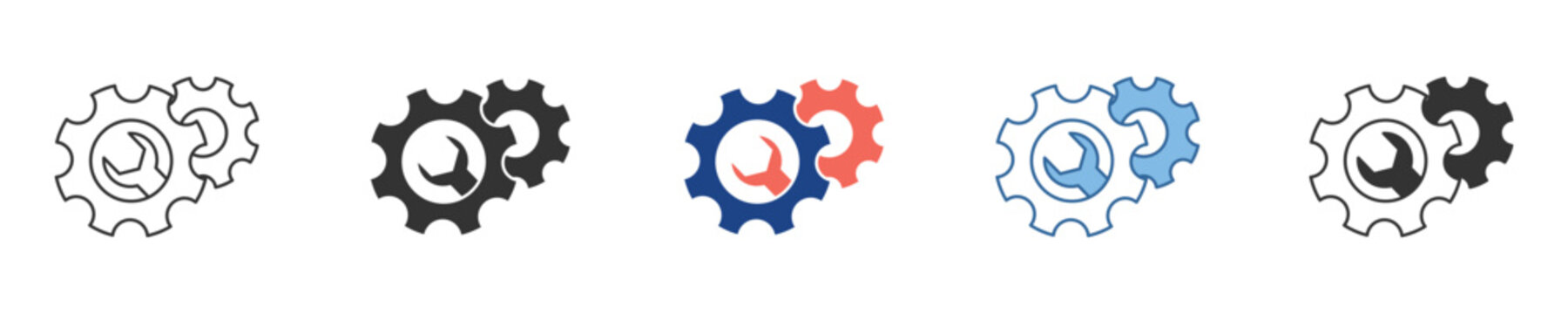 Clean vector icons of a gear and wrench, symbolizing essential system settings, technical support, and maintenance solutions for digital applications and industrial processes
