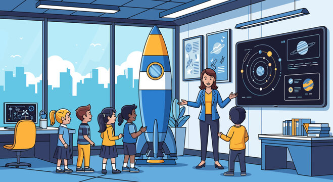 Children learning about space exploration with a rocket and solar system model.