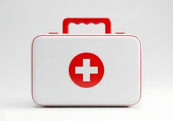 Fototapeta premium A clean white medical first aid kit with a red handle and a cross symbol on a neutral background