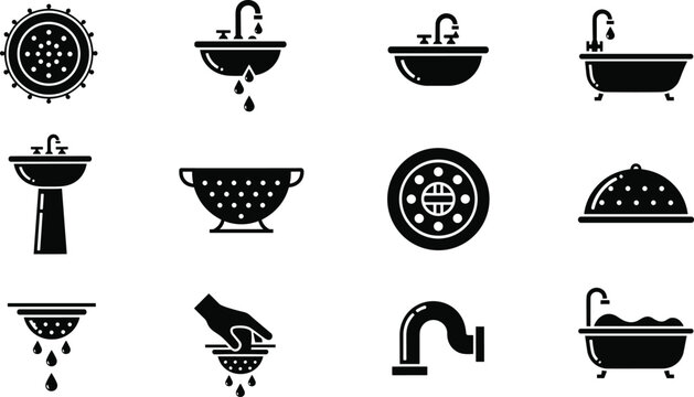 Black-and-white vector illustration of twelve plumbing and water fixture icons including sinks, bathtubs, drains, strainers, faucets, and pipes, symbolizing 