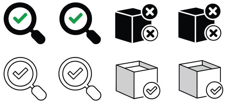 Search or find package, parcel line and flat icon set, parcel tracking magnifier icons, box inspection search symbols, product verification loupe design, delivery confirmation check mark,