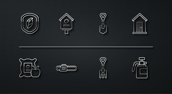 Set line Shield with leaf, Apple in the sack, Farm house, Garden rake, Chainsaw, Bird, sprayer for fertilizer and Shovel icon. Vector