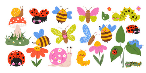 Cute insects clipart set with bee, butterfly, ladybug, snail and caterpillar. Hand drawn doodle vector illustration for kids nursery decor, baby shower, stickers and spring summer design © Svitla