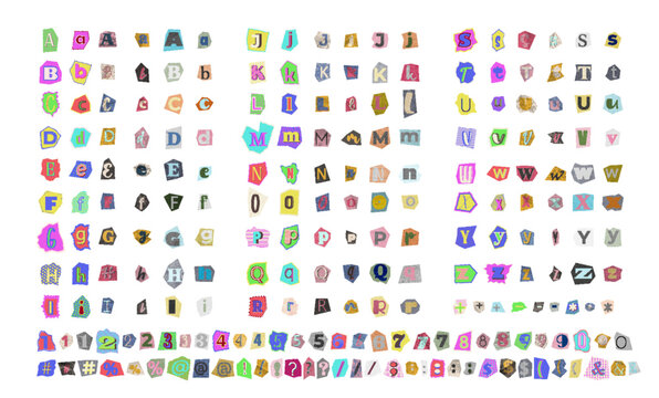 Cut out ransom alphabet. Collage font, colorful anonymous letters. Magazine font random note letter. Vector illustration