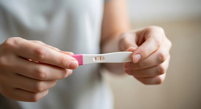 Close up of a person holding a positive pregnancy test isolated on transparent background