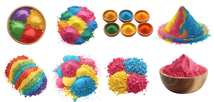 Colorful holi powder in wooden bowls and containers isolated on a transparent background