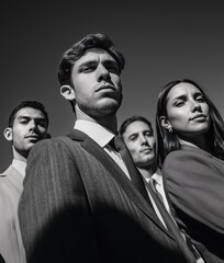 Business man in a modern building captured from low angle with dramatic lighting. Corporate concept scene showing power, confidence, and leadership.