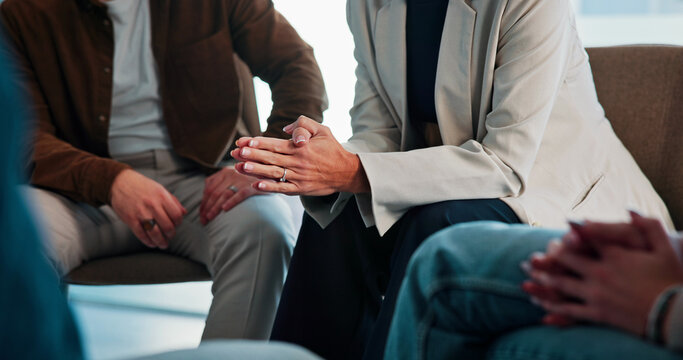 Stress, hands and woman with talking in group therapy for healing, mental health or grief support. Psychology, person with depression and share trauma in counseling for rehabilitation, loss or advice