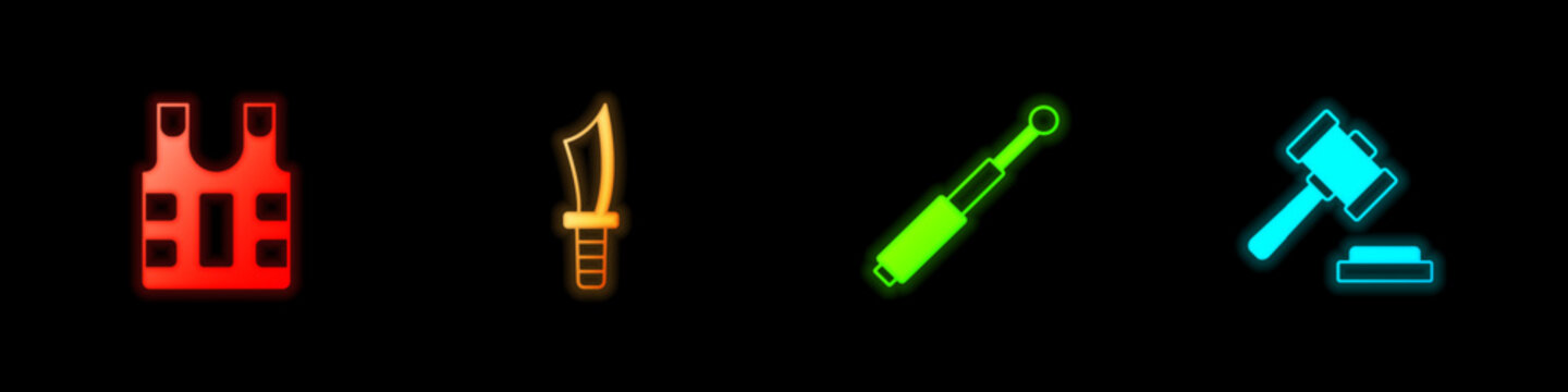 Set Bulletproof vest, Military knife, Telescopic baton and Judge gavel icon. Vector