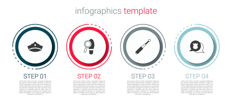 Set Police cap with cockade, Footsteps, Telescopic baton and badge. Business infographic template. Vector