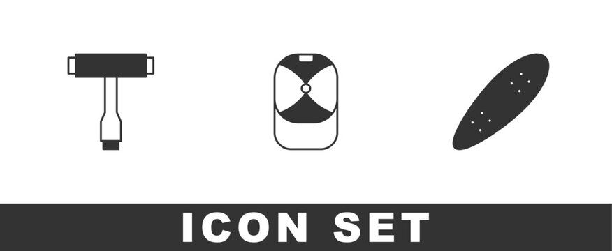 Set Skateboard T tool, Baseball cap and Longboard or skateboard icon. Vector