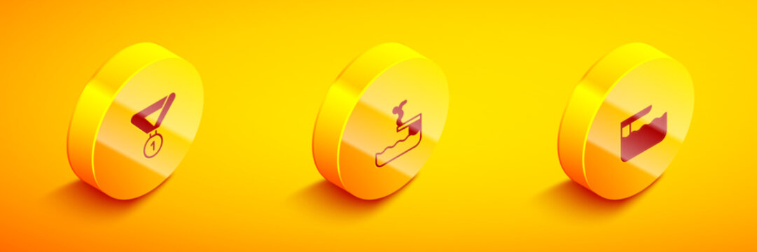 Set Isometric Medal, Swimmer diving into pool and Diving board or springboard icon. Vector