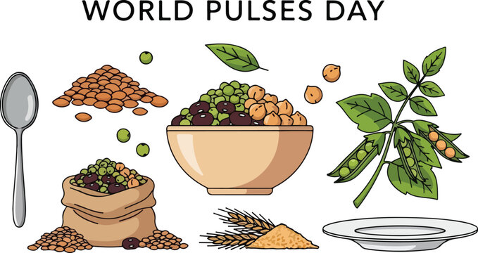 Celebrating World Pulses Day with a vibrant collection of legumes, grains, and a spoon illustration