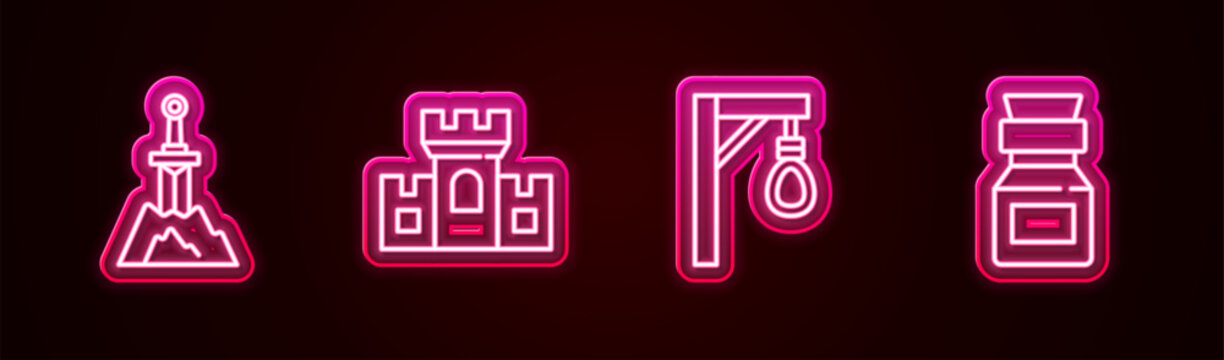 Set line Sword in the stone, Castle, fortress, Gallows and Poison bottle. Glowing neon icon. Vector