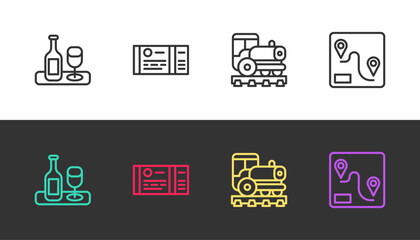 Set line Wine bottle with glass, Train ticket, Vintage locomotive and Route location on black and white. Vector © Kostiantyn