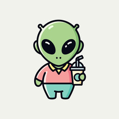 Obraz premium Cute cartoon alien holding a drink, kawaii style, funny extraterrestrial character