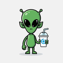 Obraz premium Cute Green Alien Holding a Drink Cup with Straw, Cartoon Style