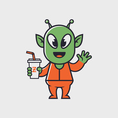 Obraz premium Cute green alien waving and holding a drink, cartoon character, friendly extraterrestrial
