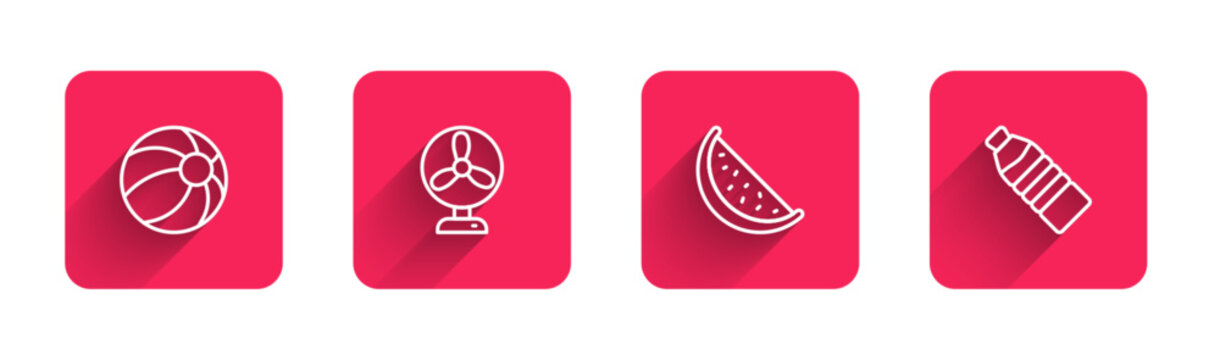 Set line Beach ball, Electric fan, Watermelon and Bottle of water with long shadow. Red square button. Vector