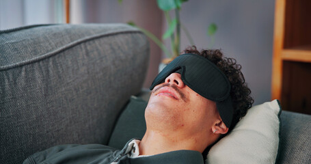 Fototapeta premium Counselor, therapist and man with blindfold, memory technique and session for recovery or support. Consultation, psychology and patient with sensory depravation for mental health, check up and help