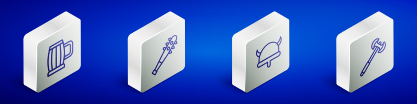Set Isometric line Wooden beer mug, Mace with spikes, Viking in horned helmet and Medieval poleaxe icon. Vector