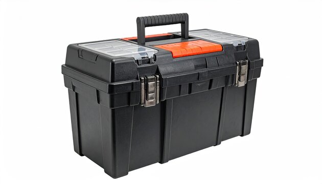 Black toolbox with handle, clasps, and transparent compartments, isolated
