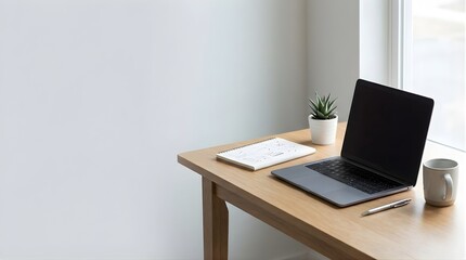 Fototapeta premium Minimal Laptop Workspace with Notebook and Plant on Desk 