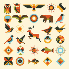 Obraz premium Geometric Animals and Symbols Vector Set: Birds, Bear, Deer, Eagle, Fish, Sun
