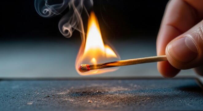Hand holding lit matchstick with flame.