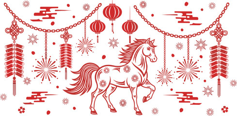 Chinese New Year Horse Illustration with Lanterns Fireworks and Traditional Decorative Elements Festive Zodiac Design for Lunar Festival Celebration and Cultural Art © MD SOJIB 