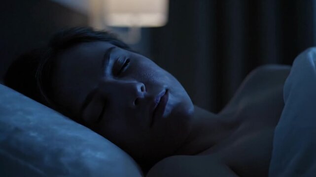 A serene woman peacefully sleeping in a dimly lit room.