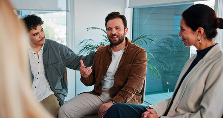 Group therapy, man and smile with support, help and advice for mental health with psychology....