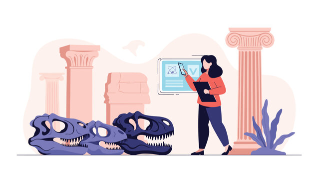 Female paleontologist examining ancient dinosaur fossils and T-rex skulls in a museum gallery with classical pillars.