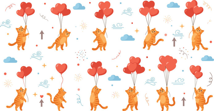 Cute cartoon cats with heart balloons seamless vector pattern featuring playful kittens flying with love symbols perfect for Valentine designs and romantic backgrounds