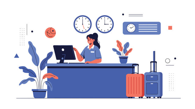 Friendly receptionist working at a hotel front desk with luggage and international clocks in the background.