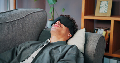 Fototapeta premium Consultation, therapy and man with blindfold, memory technique and session for recovery or support. Counselor, psychologist and patient with sensory depravation for mental health, check up and help