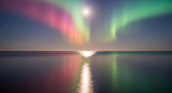 Stunning aurora borealis display over calm waters reflecting lights at night